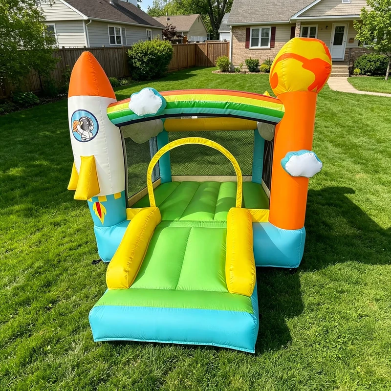 Mini Rocket Bouncing House, Kombinasi Kastil Bouncy Inflatable dengan Seluncuran Kecil untuk Anak-anak Melompat
