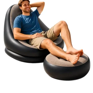 Modern Flocked Inflatable Sofa with Ottoman Portable Air Chair Lazy Bean Bag Outdoor Garden Bedroom Living Room Waterproof