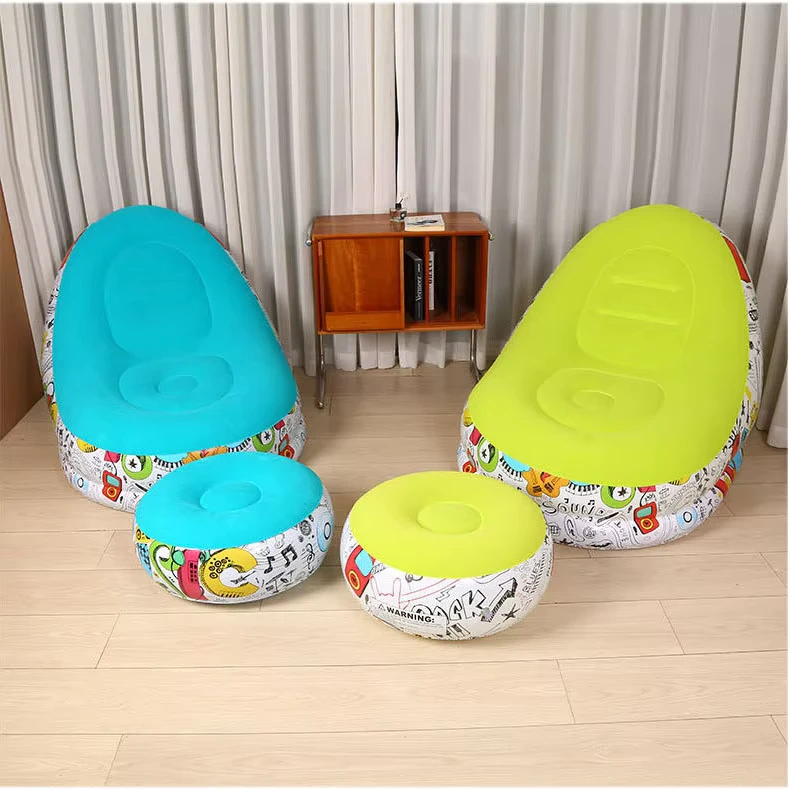 Modern PVC Inflatable Single Air Filling Flocking Lounge Sofa Chair with Footrest, Sofa Bed, Brown