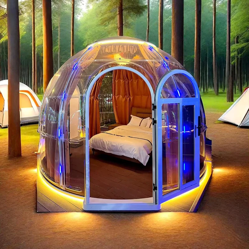 Tenda igloo trasparente moderna prefabbricata per esterni con design geodetico per hotel e tende a bolle per ristorazione