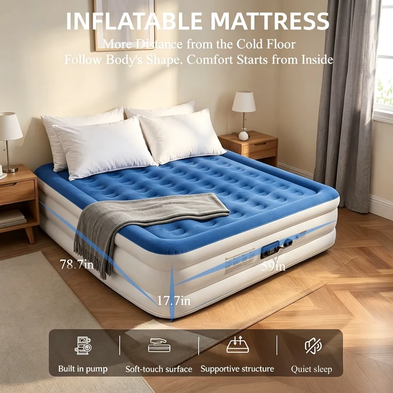 Tempat Tidur Inflatable PVC Ultra Lembut Modern dengan Pompa, Furniture Kamar Tidur Lipat, Kasur Udara Set Cepat
