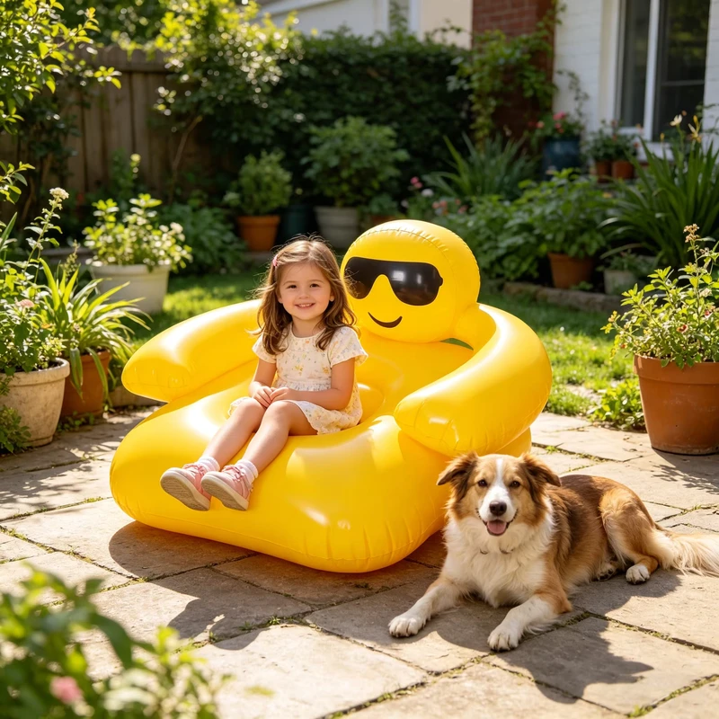 Float gonfiabile per piscina per bambini giallo moderno, divano in PVC con espressione sorridente per uso all'aperto e in camera