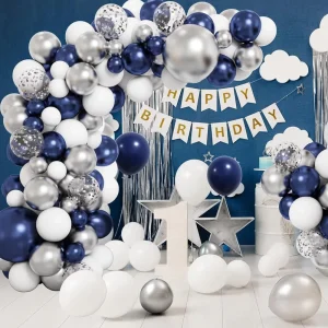 Globo de látex azul marino, gris plateado y azul de 12 pulgadas, cinta de globo de fiesta, cumpleaños, graduación