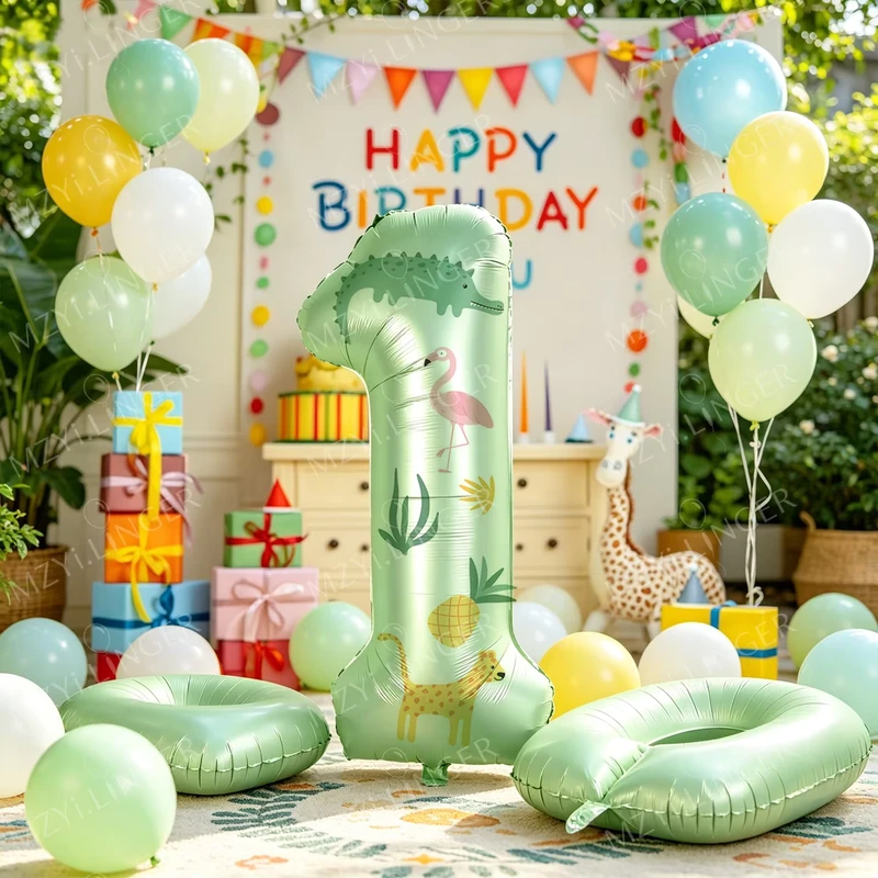 ชุดบอลลูนวันเกิดปีแรกธีมซาฟารีกลางแจ้ง สัตว์ป่าหมายเลข 1 ฟอยล์ สีเขียว เหลือง สำหรับงานเลี้ยงเด็ก