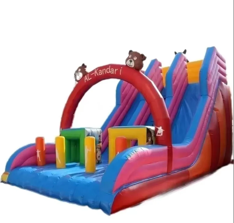 Nuevo diseño de parque infantil de dibujos animados, tobogán de agua inflable de doble carril, piscina grande, castillo hinchable, material de PVC, 5-7 años