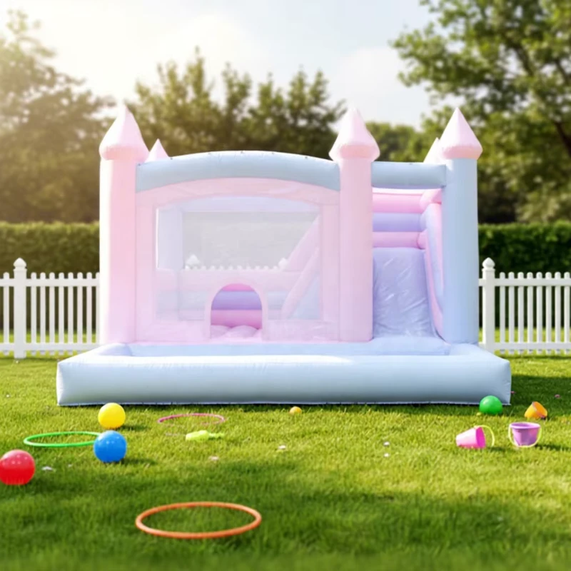 Nieuw Ontwerp Commerciële Roze Opblaasbare Springkasteel met Glijbaan Ballenbak Kinderen Speelplaats Kasteel Combo