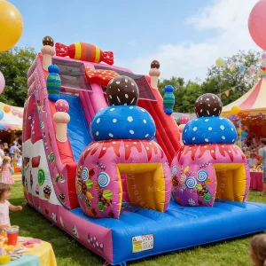 New Design Durable PVC Inflatable Cake Theme Slide Candy Dual Slides Bounce House Bouncy Castle 300kg Capacity Outdoor Pink