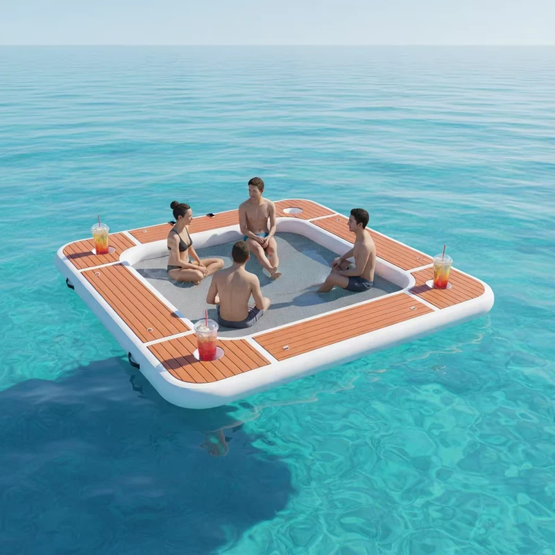 Novo Design de Rede Inflável Quadrada para Água com Suporte para Copo, Plataforma Flutuante com Doc Inflável para Diversão Aquática