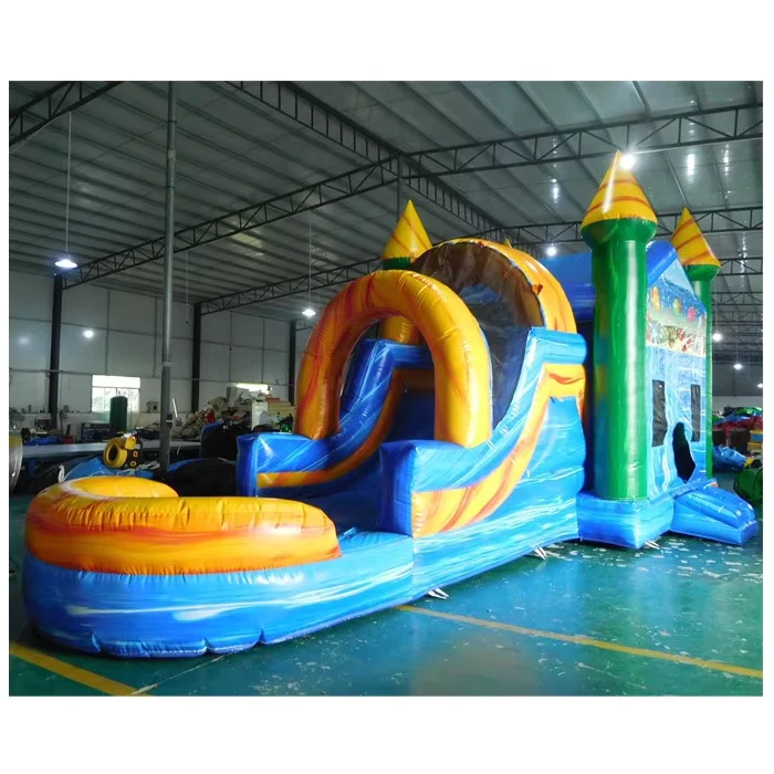 New Design Marble Commercial Inflatable Wet Dry Bounce House Combo Slide with Inflated Pool for Kids Party Rental