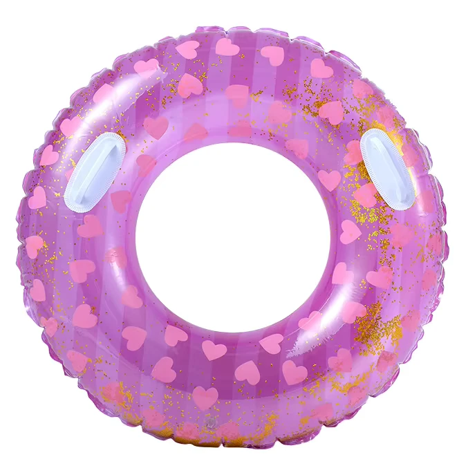 Nuevo diseño de anillo de natación con purpurina en forma de corazón morado con asas, anillo de natación con purpurina en forma de estrella colorida con asas, anillo de natación para fiestas de verano