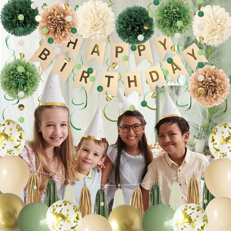 Verrassende Verjaardagsfeest Decoratie Latex Tassel Cirkel Guirlande Hangende Swirl Gelukkige Verjaardag Banner Salie Groene Verjaardagsballonnen Sets
