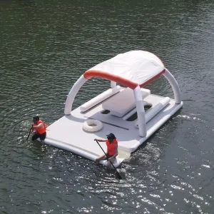 Bar gonfiabile galleggiante di alta qualità OEM, isola galleggiante portatile DWF con tenda e tavolo per feste in acqua