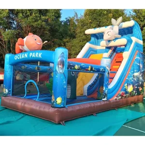 Ocean Park Themed Inflatable Bounce House with Slide Commercial Grade for Kids Party Event Rental