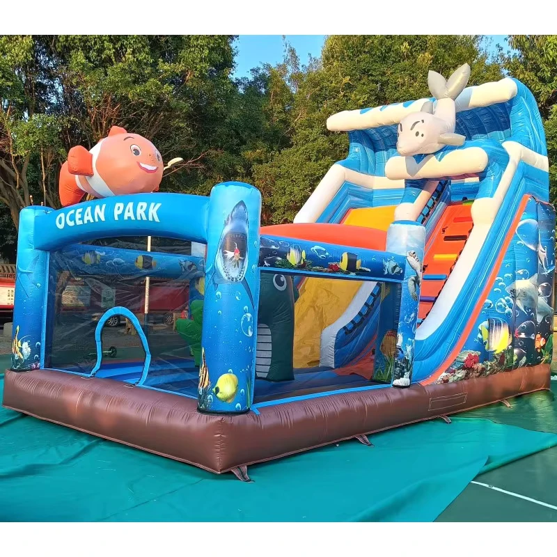Ocean Park Themed Inflatable Bounce House with Slide Commercial Grade for Kids Party Event Rental