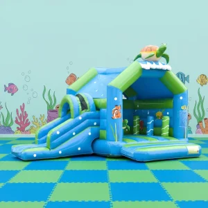 Ocean Theme Inflatable Bounce House with Turtle & Fish Decor Kids Indoor Outdoor Bouncy Castle with Slide for Party Fun & Play