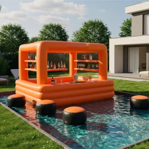 Barra Inflable Flotante Naranja para Piscina con Estantes para Vino y Taburetes Barra Inflable Exterior para Fiesta en la Piscina