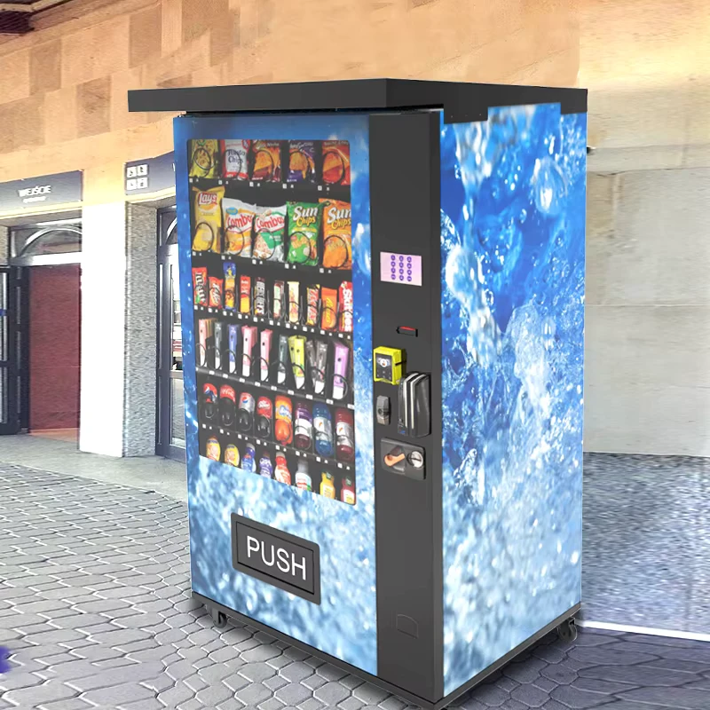 Máquina expendedora de bebidas y snacks de autoservicio al aire libre 24/7, operada por monedas de euro y billetes.