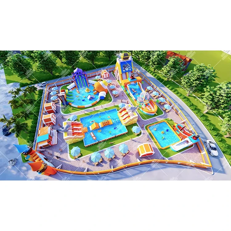 Parco acquatico gonfiabile gigante all'aperto, design di parco giochi gonfiabile per terra
