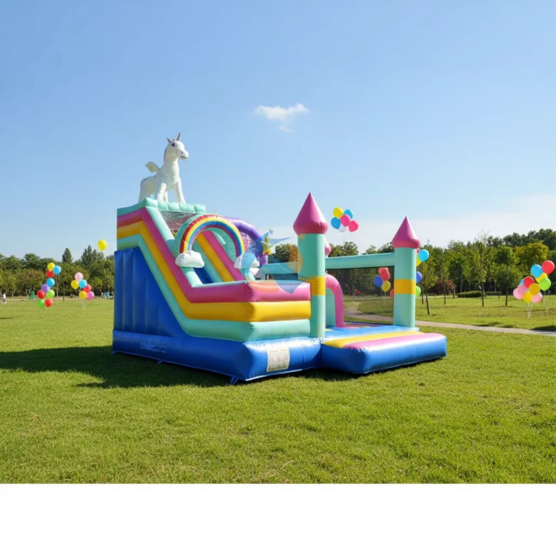 Kommerzielle Outdoor-Kinder PVC Einhorn Aufblasbare Hüpfburg mit Rutsche Hüpfburg 4,8 x 6,3 m 200 kg Kapazität für Partys Vermietung