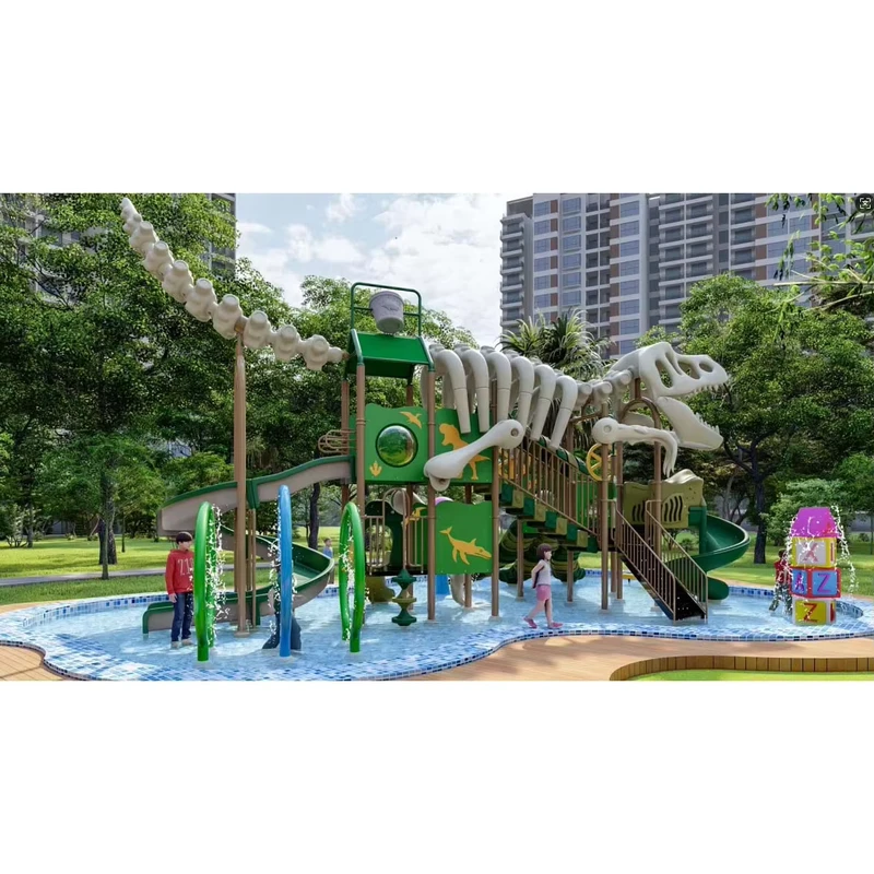 Equipamento de Parque Infantil Temático de Dinossauro ao Ar Livre Escorregas com Recursos de Spray de Água Construção em Plástico Certificado CE para 5 a 30 Crianças