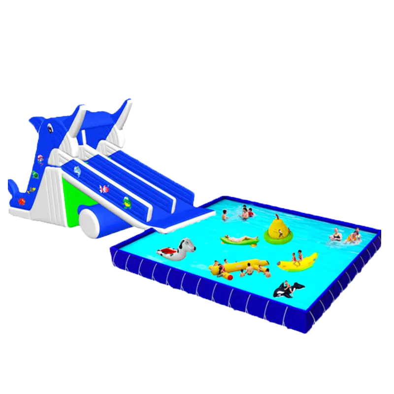 Toboggan Aquatique Gonflable Mobile Thème Dauphin, Équipement de Parc Aquatique pour Enfants, Combinaison de Piscine