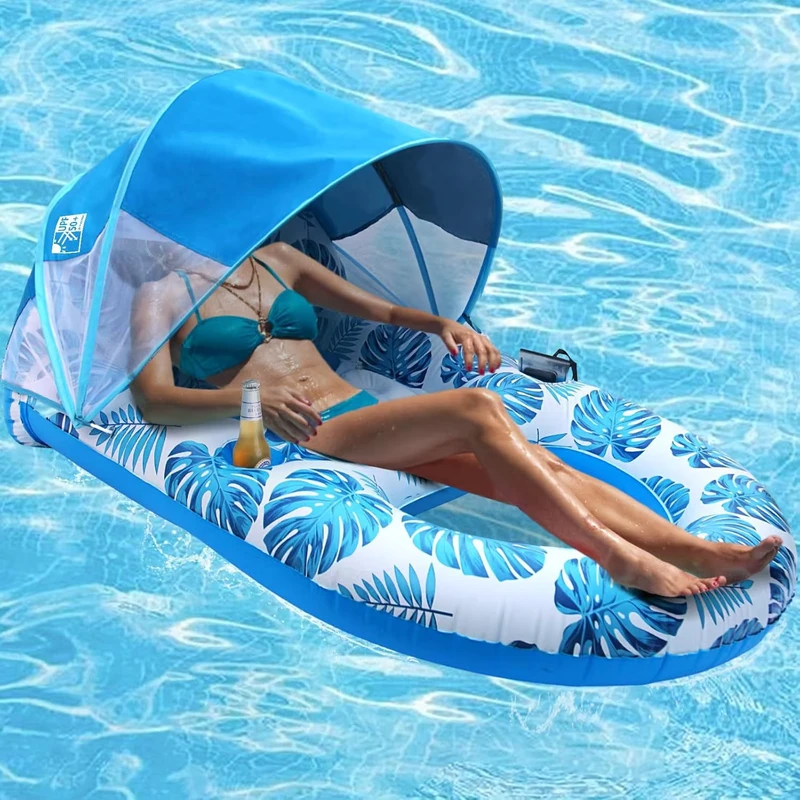 Lounger Flotante Exterior con Sombrilla y Portavasos, Lounger Inflable Plegable
