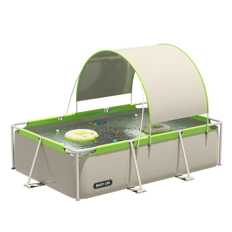 Kolam Renang Inflatable PVC Bingkai Outdoor untuk Bayi Baru Lahir, Tahan UV, Lipat, Portabel, dengan Peneduh Matahari