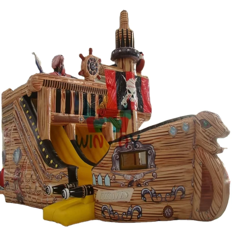 Buiten Gigantisch Wit PVC Milieu Vriendelijk Piratenschip Springkasteel met Opblaasbare Waterglijbaan en Zwembad