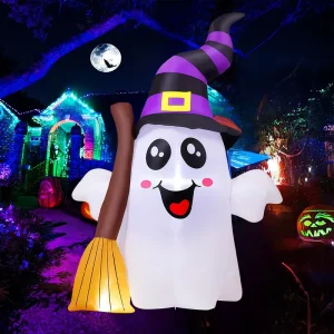 Outdoor Halloween Decoration with Wizard Hat Ghost Broom LED Light up Inflatable Air Model Yard Scary Holiday Atmosphere
