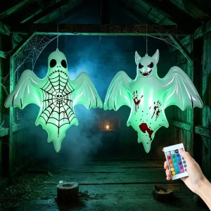 Decoração Inflável de Halloween Exterior Fantasma Morcego LED para Jardim com Controlo Remoto para Festa Assustadora