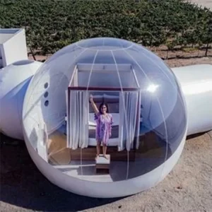 Casa geodésica inflable de glamping al aire libre, burbuja de camping clara, gran tienda de domo