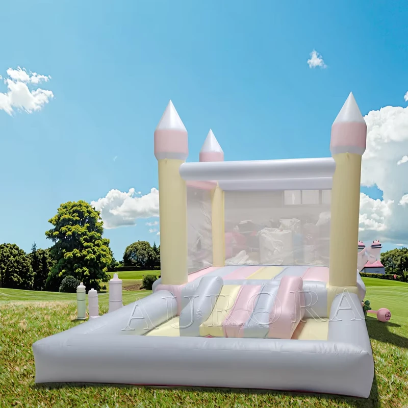 ปราสาทกระโดดพองลม PVC สำหรับผู้ใหญ่และเด็ก ขนาด 3x3 เมตร สีรุ้งพาสเทล พร้อมสไลด์