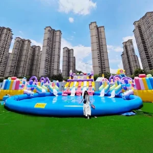 Outdoor Large Amusement Aqua Park Inflatable Commercial Candy Theme Slide with Pool Water Park Equipment