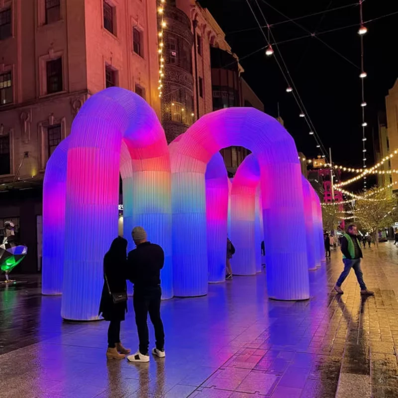 Outdoor Light Art Rainbow Tunnels with LED Lights Colorful Inflatable Glowing Archway for Festival Nightclub Wedding Party