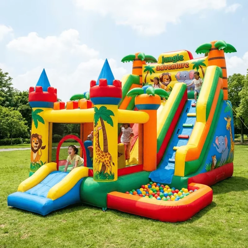 Kastil Bounce Inflatable PVC Luar Ruangan dengan Kombinasi Seluncuran