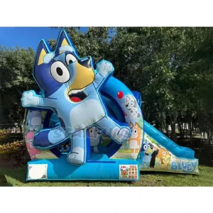 Château gonflable en PVC extérieur avec toboggan, château gonflable cartoon bleu pour location de fête