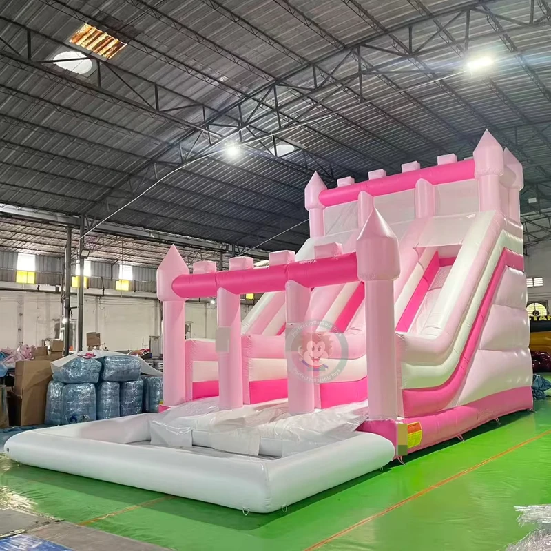 Cầu trượt bơm hơi PVC màu hồng ngoài trời, cầu trượt nước bơm hơi với bể bơi