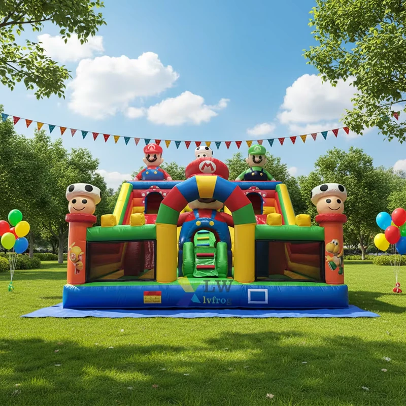 Castillo inflable de fiesta con temática de dibujos animados para juegos de obstáculos, rebote inflable para niños, uso comercial, 3 años