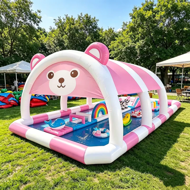 Piscina gonfiabile all'aperto con ombrellone, percorso ad ostacoli acquatico per attività scolastiche, noleggio parco giochi acquatico per bambini