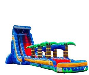 Outdoor Tropical Inferno Inflatable Water Slide with Palm Tree Design Marble Blue PVC Material 8-Person Capacity and Pool