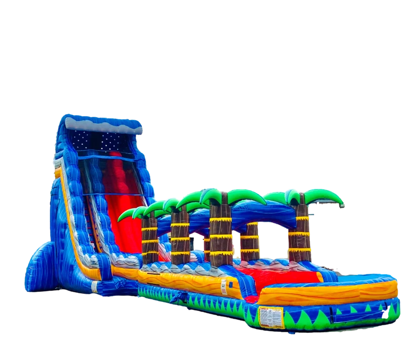 Escorrega de Água Inflável Tropical Inferno ao Ar Livre com Design de Palmeira, Material de PVC Azul Mármore, Capacidade para 8 Pessoas e Piscina
