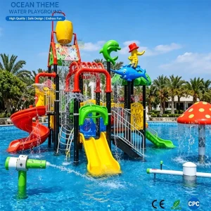 アウトドア用 水遊びプレイグラウンドシステム インタラクティブ スプレートイ 水滑り台と海のテーマ装飾