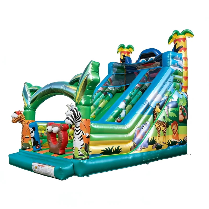 Parco Giochi Gonfiabile a Tema Zoo all'Aperto per Bambini - Combo Salto e Scivolo con Grafiche di Zebra, Giraffa e Leone in Materiale PVC Sicuro