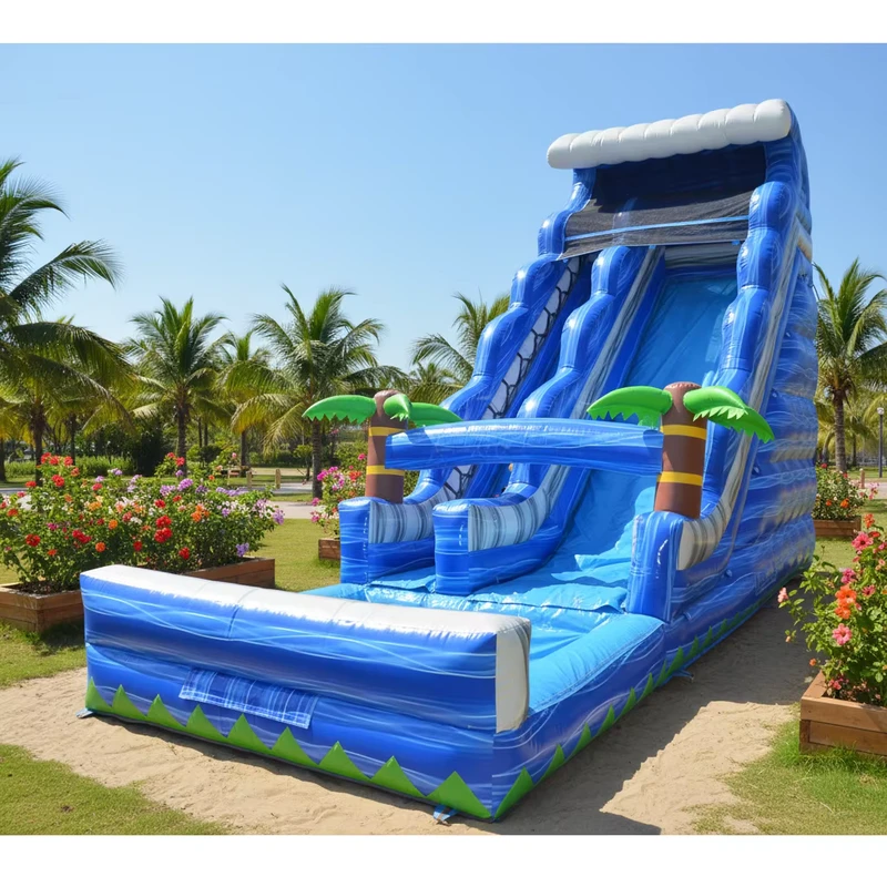 PVC maßgeschneiderte blaue Marmor-Palm-Wasserpark aufblasbare hüpfende nasse Rutschen für drinnen und draußen, Wasserrutschen für Erwachsene