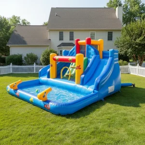 Château gonflable aquatique à double voie en PVC, château de saut pour enfants avec toboggan aquatique et pistolet à eau