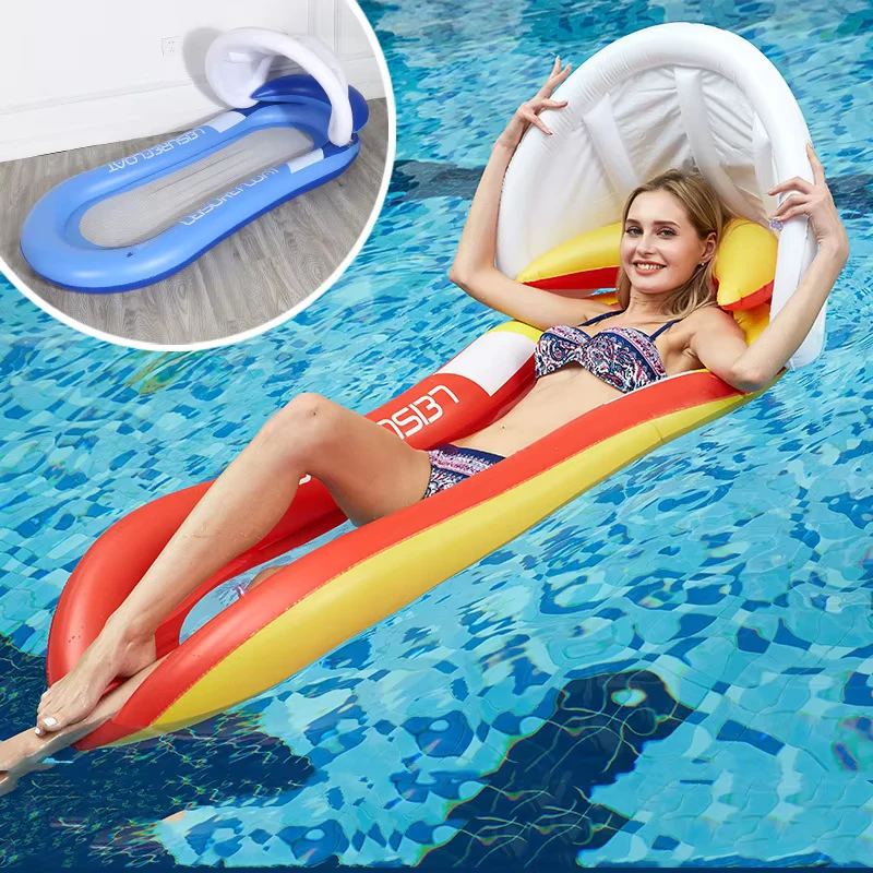 PVC Inflatable Air Mattress Pool Lounger 160x90cm Beach Chair Floats for Swimming Pool Canopy Adult Blue Green