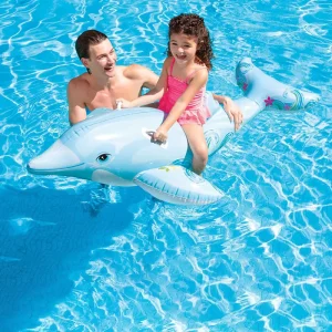Flotador inflable en forma de delfín de PVC con asas, juguete acuático inflable para niños