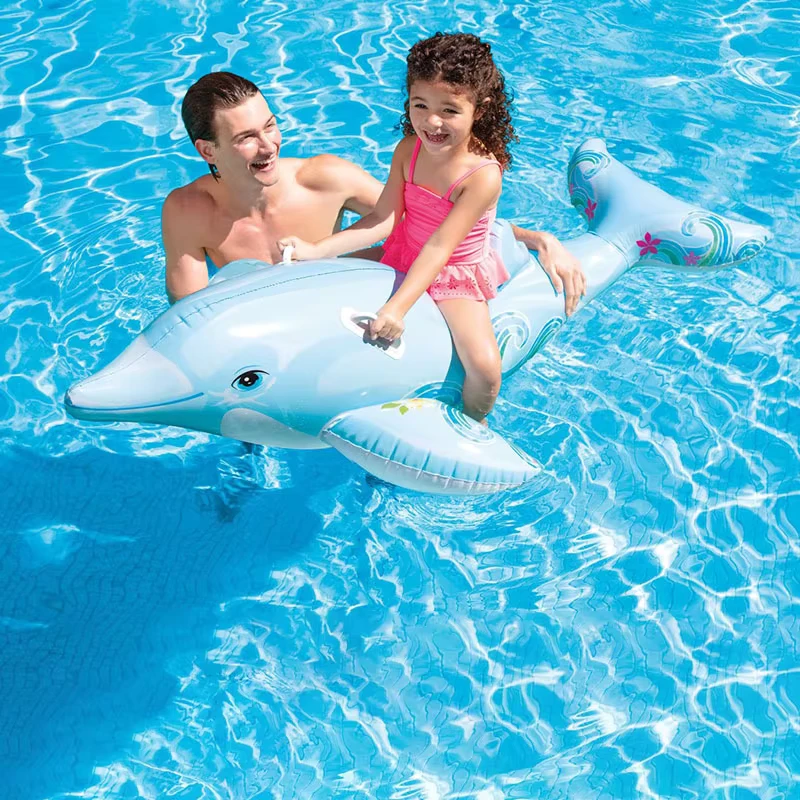 Pelampung Dolphin Inflatable PVC dengan Pegangan untuk Bermain Air Anak-anak
