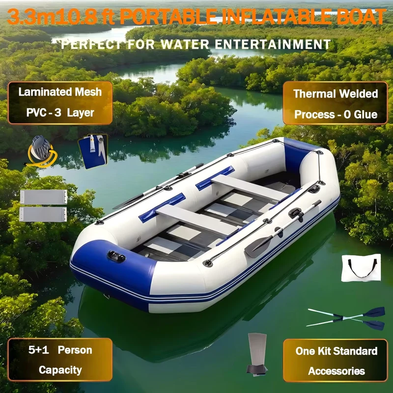 Barca Gonfiabile Portatile 3.3M per 5+1 Persone, 2 Camere d'Aria, Kayak Pieghevole, Rafting, Tender Galleggiante