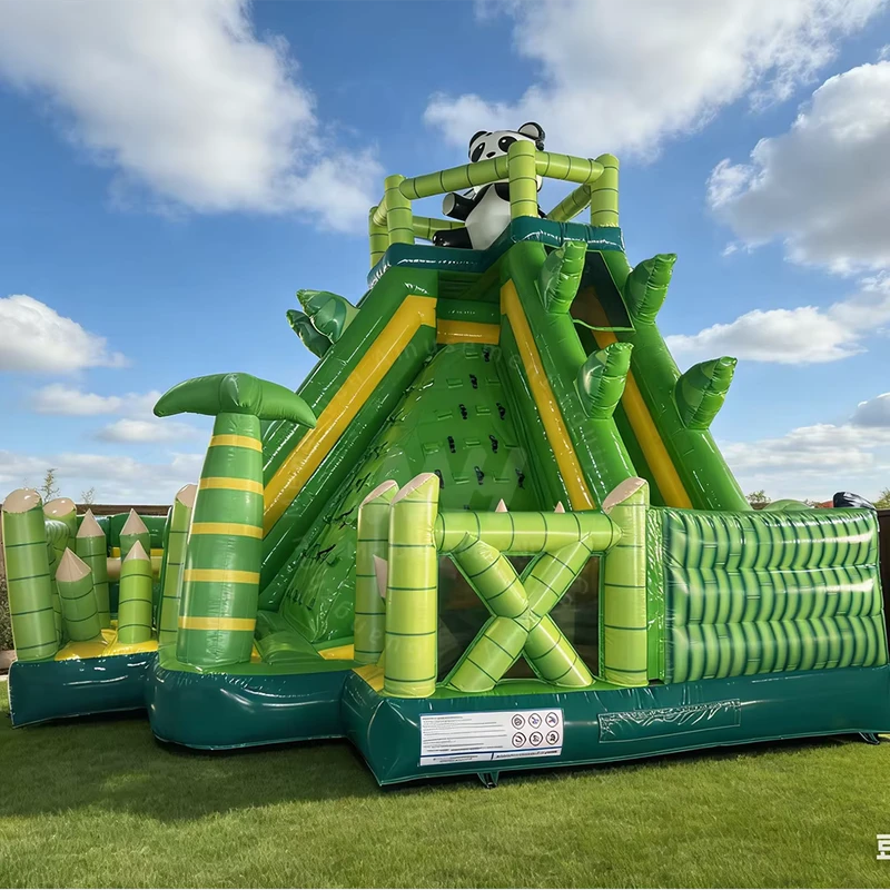Panda Beer Themed Opblaasbare Droge Glijbaan Springkasteel met Glijbaan Combinatie Klimwand Springbouncer voor Kinderfeestjes